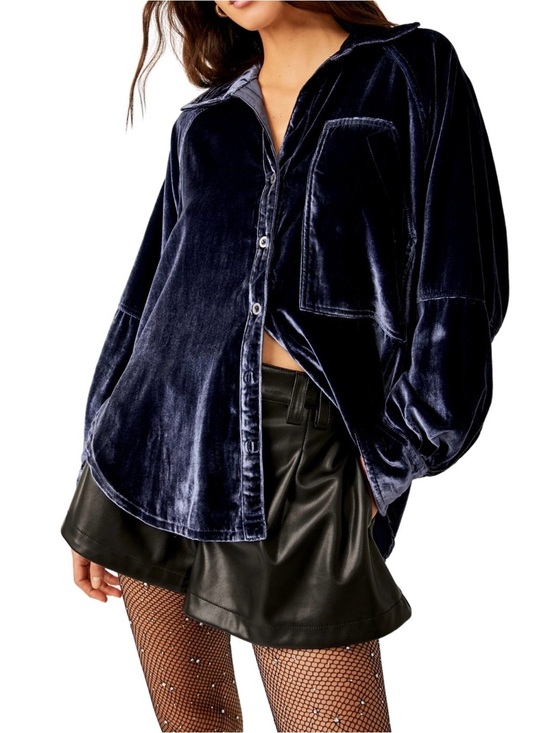 We The Free Tops - Free People Blue Velvet Button-Up Shirt Soft Relaxed Fit Size S